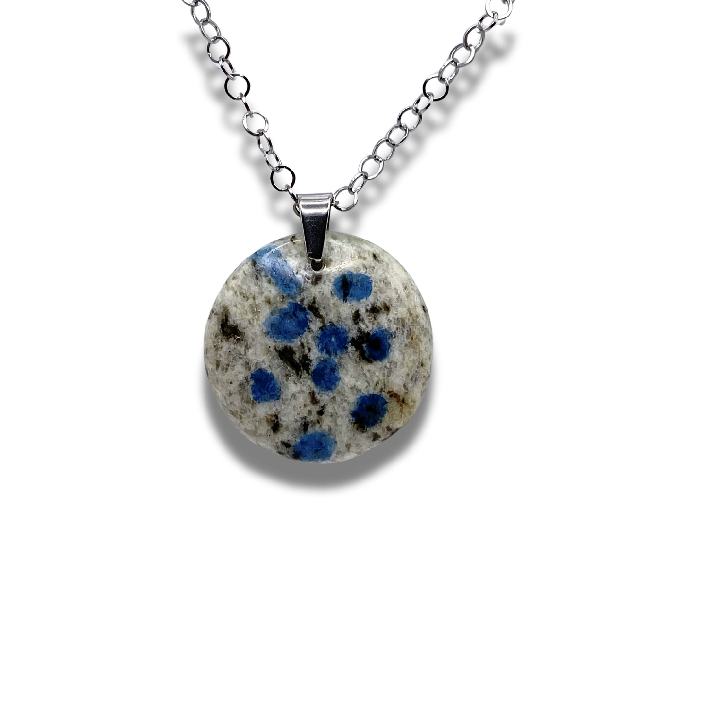 Blue and grey K2 Jasper 1 inch round shaped pendant on stainless steel chain