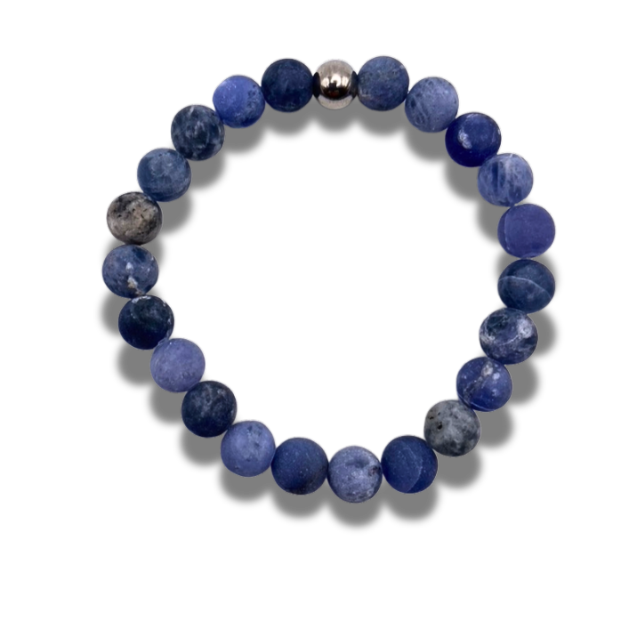 A Blue sodalite 8mm beaded bracelet with stainless steel accent bead.