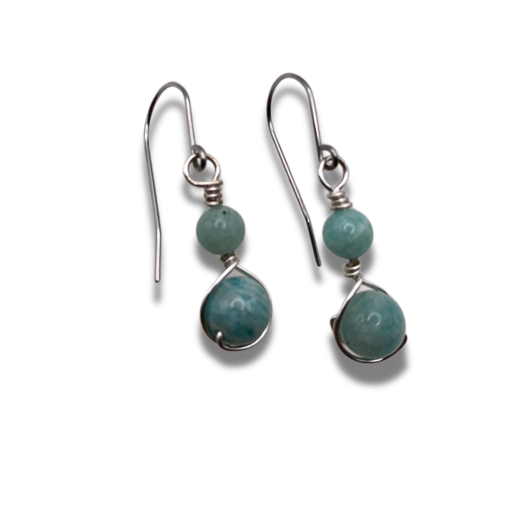 Two green amazonite beaded earrings wrapped in silver plate wire on stainless steel hooks