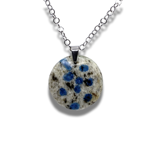 Blue and grey K2 Jasper 1 inch round shaped pendant on stainless steel chain