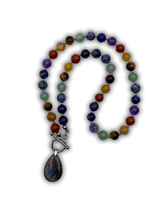 Chakra 8mm beaded necklace with  stones representing each of the 7 chakras and a labradorite pendant.