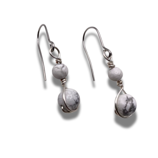 Set of white and grey Howlite beaded earrings wrapped in silver plate wire on stainless steel hooks