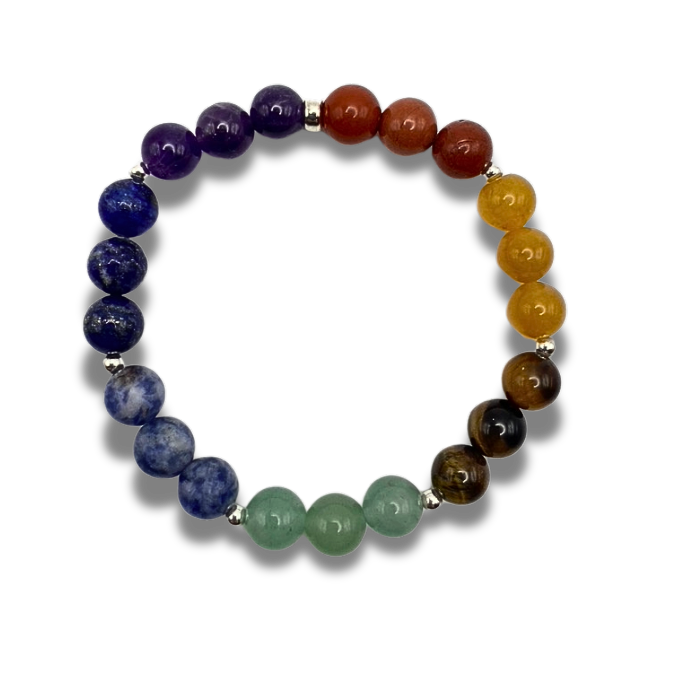 Chakra 8mm beaded bracelet with 3 stones representing each of the 7 chakras.