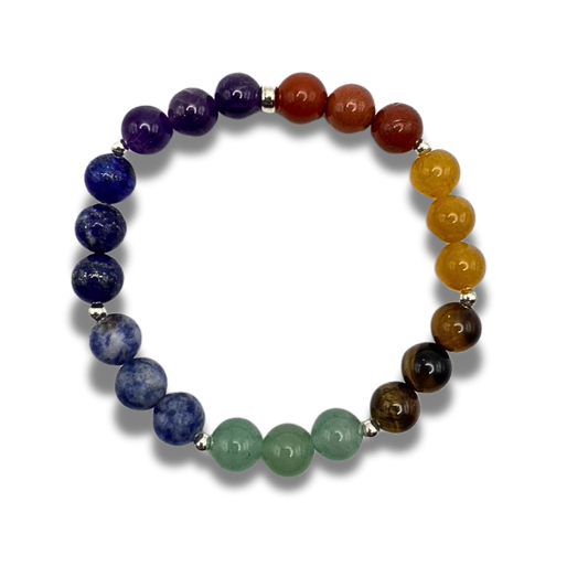 Chakra 8mm beaded bracelet with 3 stones representing each of the 7 chakras.