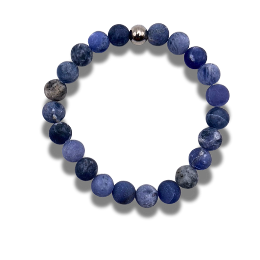 A Blue sodalite 8mm beaded bracelet with stainless steel accent bead.