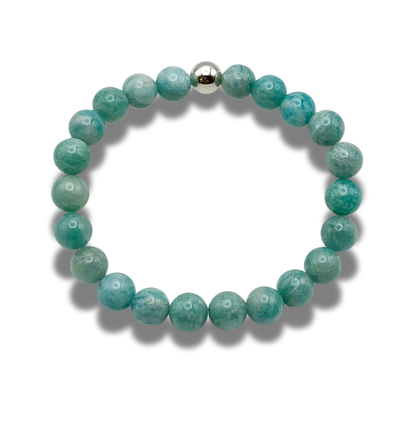 A green amazonite 8mm beaded bracelet with sterling silver accent bead.