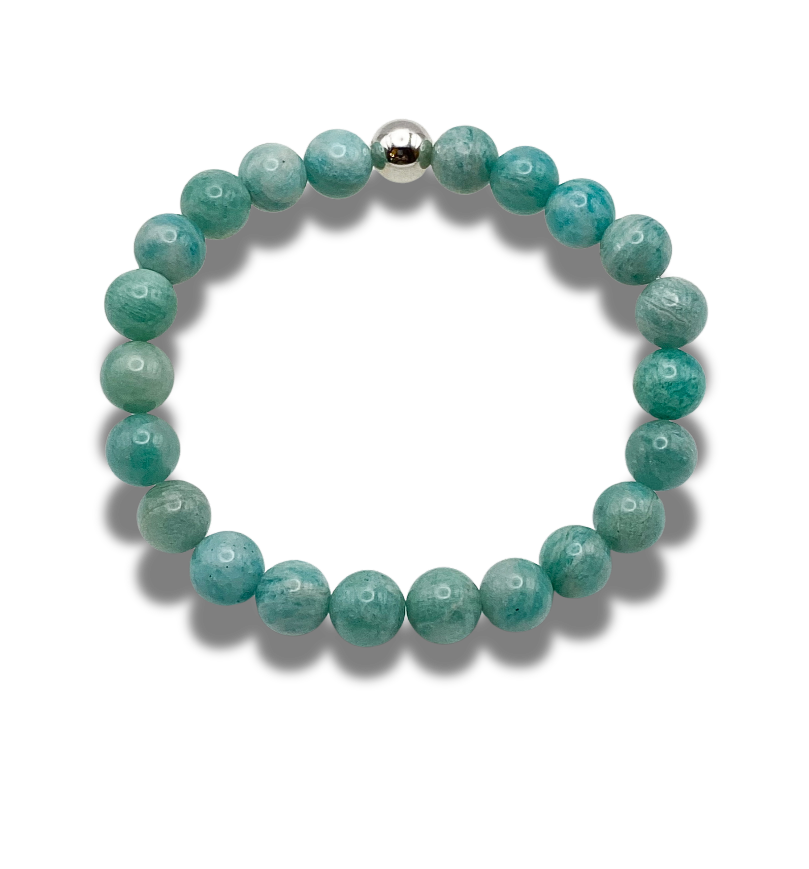 A green amazonite 8mm beaded bracelet with sterling silver accent bead.