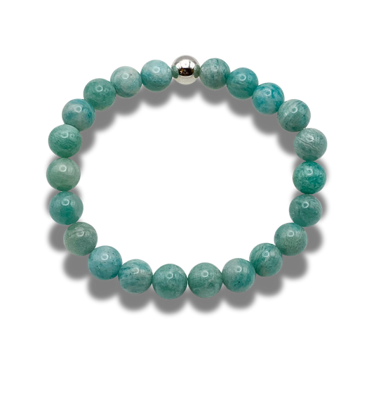 A green amazonite 8mm beaded bracelet with sterling silver accent bead.