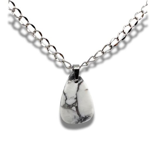 Howlite 2cm pear shaped pendant on stainless steel chain