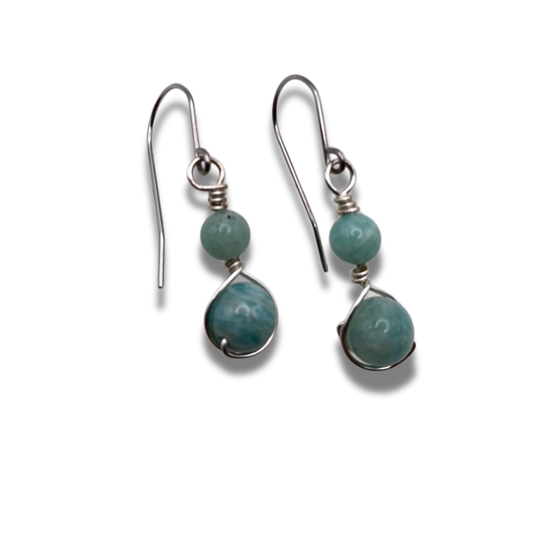 Two green amazonite beaded earrings wrapped in silver plate wire on stainless steel hooks