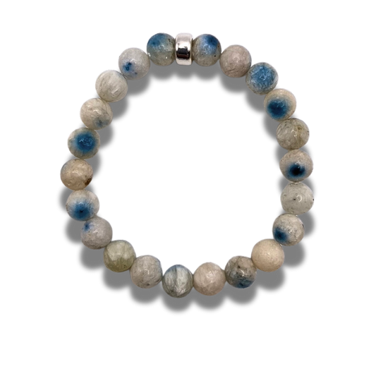 A Blue Ice Glacierite 8mm beaded bracelet with sterling silver accent bead.