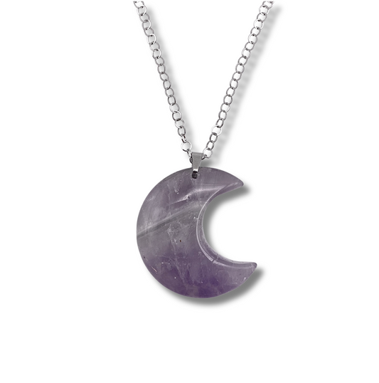 Purple amethyst 1,75 inch crescent moon pendant on stainless steel chain